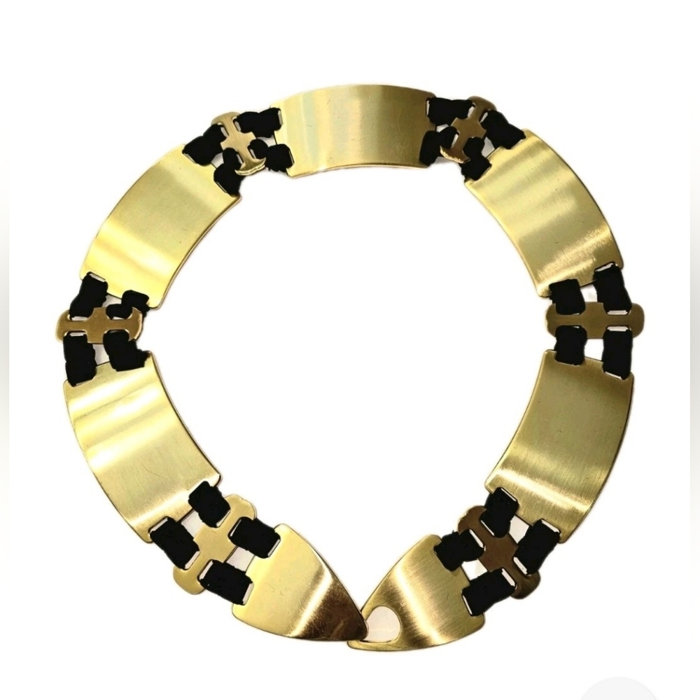Stunning Heavy WCM New York Gold Metal & Black Contoured Stretch Belt Size P/S